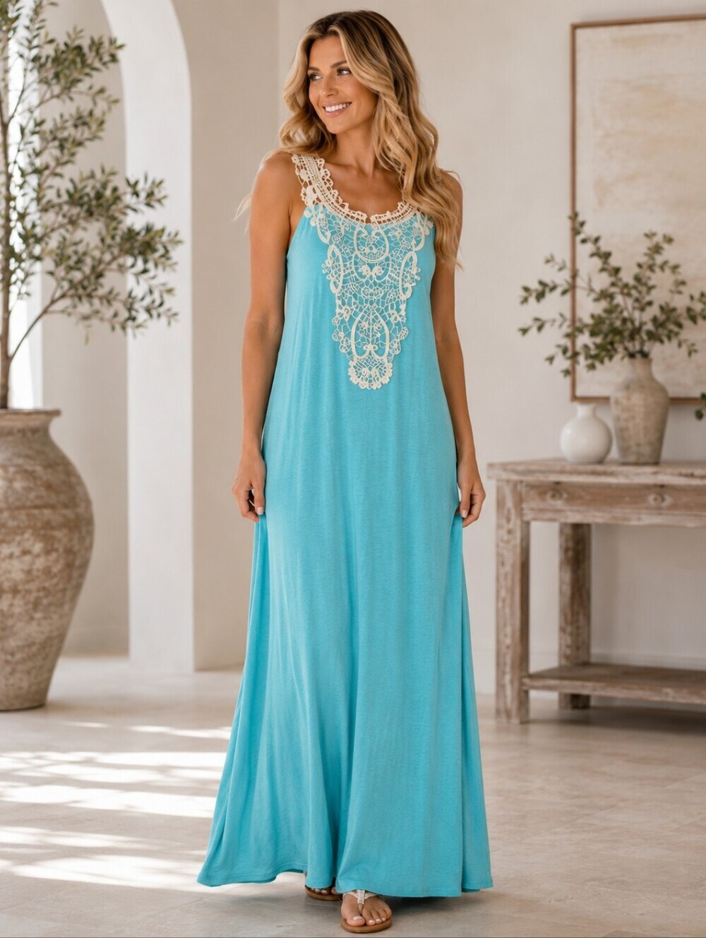 🎉SALE Sleeveless Maxi Dress with Crochet Lace Detail Size S By Pink Blush
